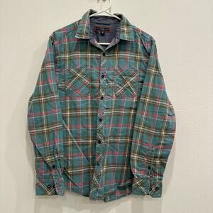 pd&c Mens Button Up Long Sleeve Shirt Medium 100% Cotton Teal Plaid Slim Fit